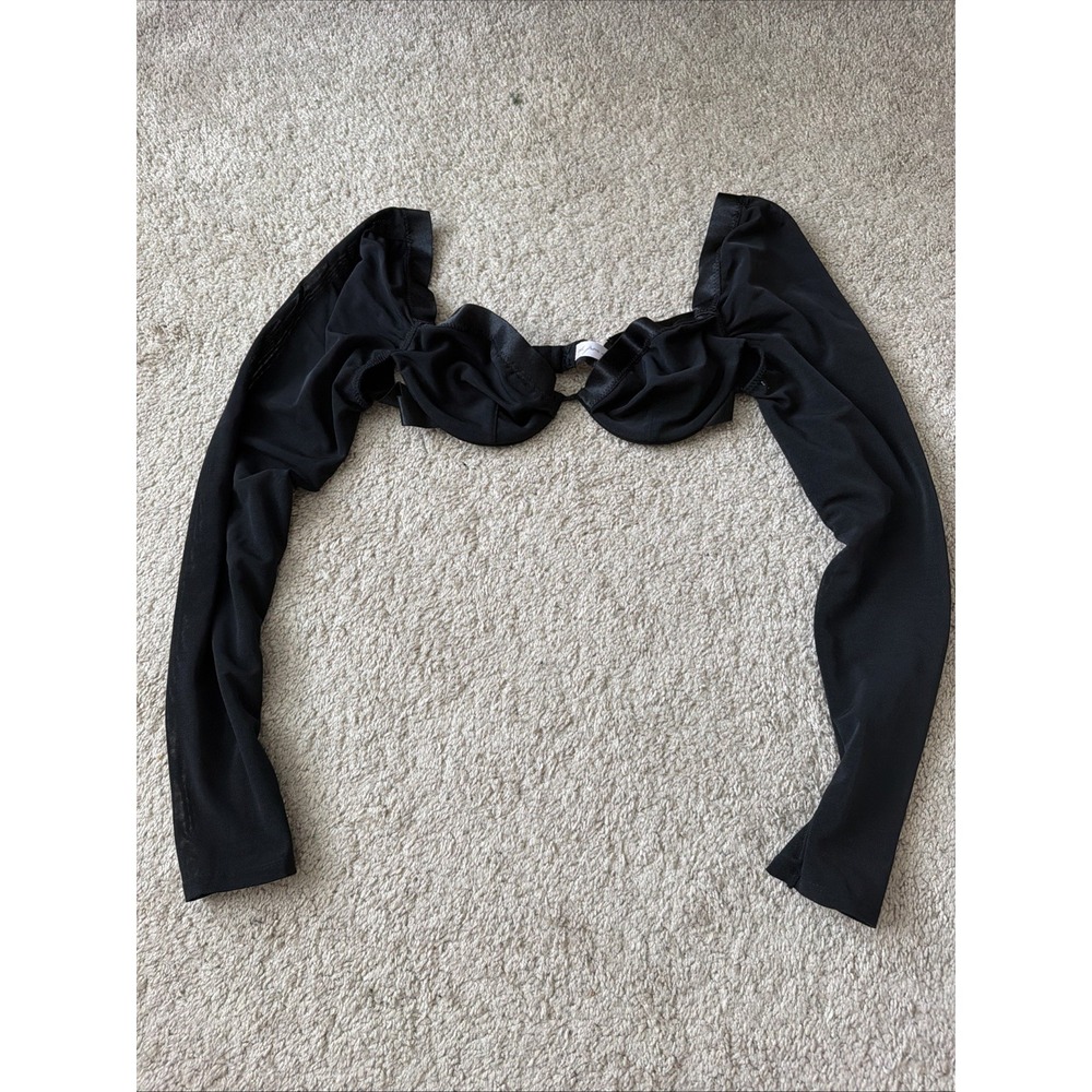 Out From Under Cropped Bra Shrug Top Womens Medium Black Mesh Long Sleeve
